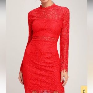 Lulu’s Red Lace Long Sleeve Dress Sheer Waist